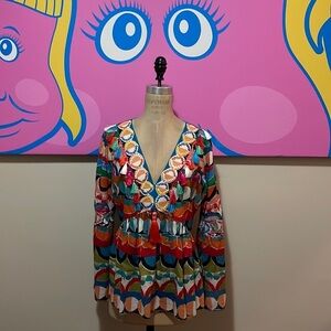 Derhy K Blue Red Cotton Summer Blouse Tassels